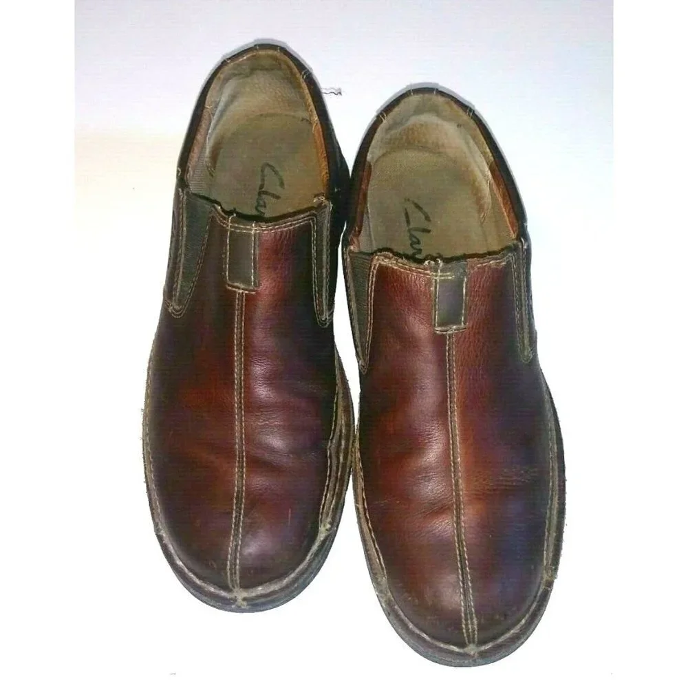 CLARKS LOAFERS mens 10M Leather Brown COTRELL Round Toe Slip On Shoes 78538 EUC